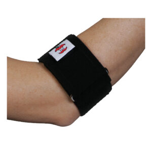 Black elbow support brace worn on an arm for joint protection.