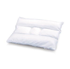A white, plush pillow with a unique ergonomic design.