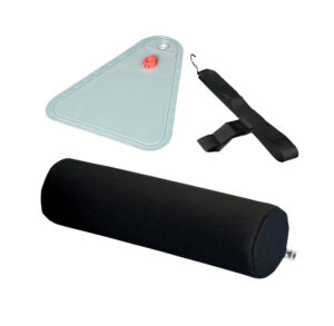 A black foam roller with a carrying strap and a triangular stretching tool.
