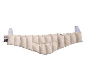 Beige quilted neck pillow with adjustable straps for comfort.