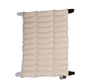 Beige inflatable cushion with black and white straps.