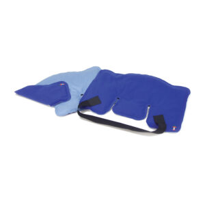 Blue and white ergonomic hand grips with black handles.