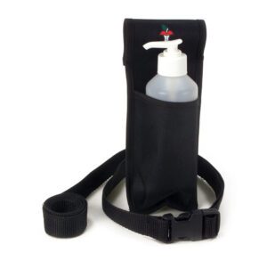 Black adjustable strap holder with a pump bottle inside.