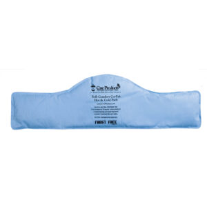 Blue neck wrap with printed care instructions and brand name.