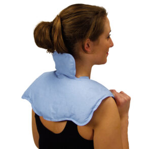 Woman using a blue neck and shoulder heating pad wrap.