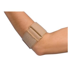 Beige elbow support brace worn on the arm for joint stability.