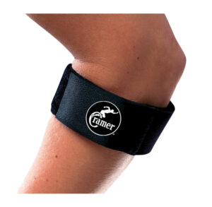 Black forearm strap with a circular logo worn on the arm.