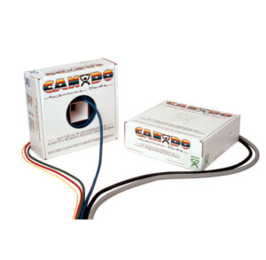 Two white electronic devices connected by multicolored wires.