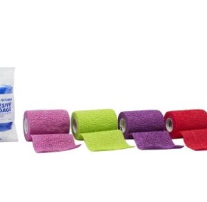 Colorful cohesive bandage rolls in various shades with a white packaging bag.