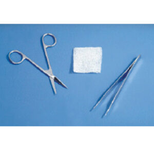 Surgical tools including scissors, gauze, and forceps on a blue background.