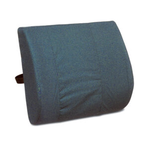 Ergonomic lumbar support cushion with adjustable strap for back comfort.