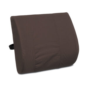 Brown lumbar support cushion with adjustable strap.