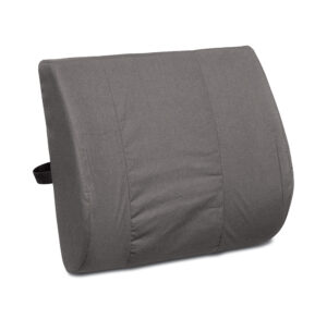 Gray lumbar support cushion with adjustable strap.