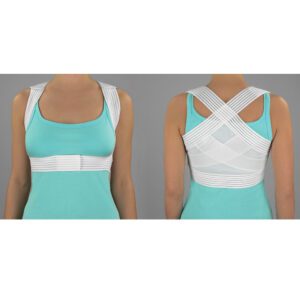 Person wearing a white posture corrector over a turquoise tank top.