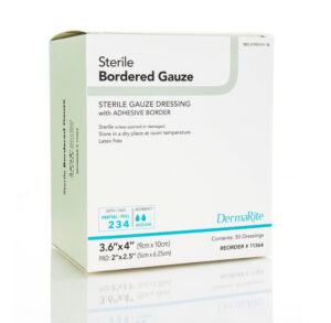 Box of sterile bordered gauze for medical use.