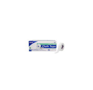 A roll of white cloth tape next to its blue and white packaging labeled 'Cloth Tape.'