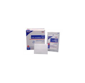 Various sizes of sterile gauze pads in packaging.