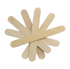 A group of wooden craft sticks arranged in a fan shape.
