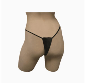 Mannequin wearing a minimal black thong from the back.