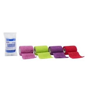Colorful cohesive bandage rolls in various shades with a pack.