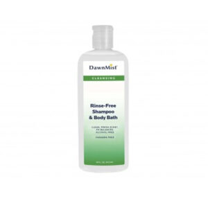 Clear bottle of green shampoo and body wash with white label.