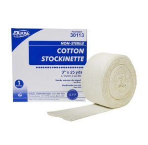 Roll of cotton stockinette bandage with packaging box.