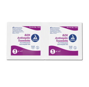 Box of BZK Antiseptic Towelettes with 70% Isopropyl Alcohol.