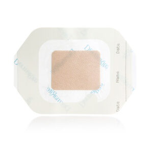 Transparent adhesive wound dressing with a central absorbent pad.