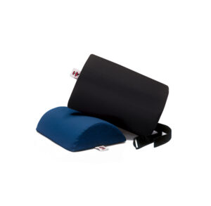 Adjustable black and blue armrest with cushion support.