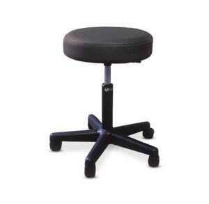 Adjustable black swivel stool with a round cushioned seat and five-wheel base.