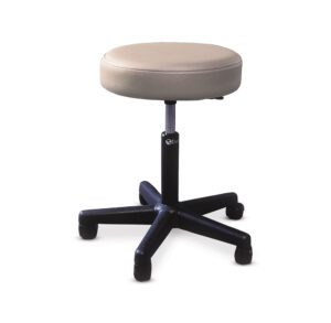 Adjustable round stool with cushioned seat and five-legged base.