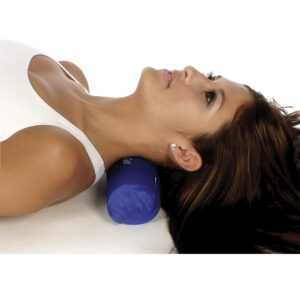 Woman using a foam roller under her neck for muscle relief.