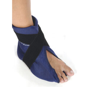 Foot wearing a blue and black ankle support brace.