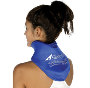 Woman wearing a blue neck cooling wrap with logo.