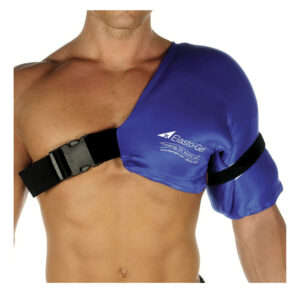 Man wearing an adjustable cold therapy shoulder wrap.