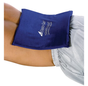 Person using a blue hot/cold gel pack on their abdomen.