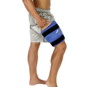Person wearing a blue and black knee brace on their right leg.