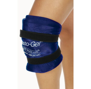 Knee wrapped with a blue gel compress secured by black straps for pain relief.