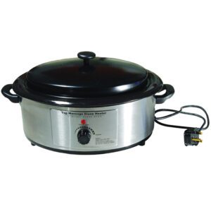 Electric slow cooker with a black lid and stainless steel body.