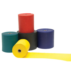 Colorful rolls of tape, including red, blue, yellow, green, and black.