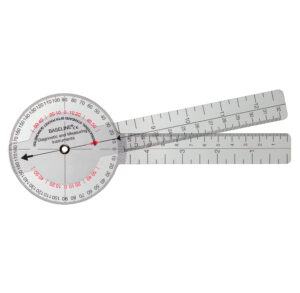 A clear plastic protractor with attached rulers for measuring angles.