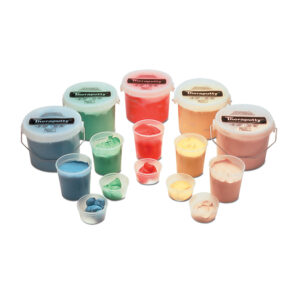Various cups filled with different colored paint arranged in a group.