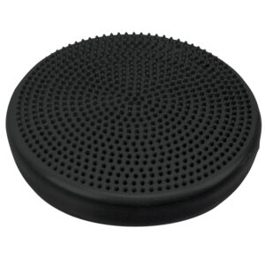 Black circular balance cushion with textured surface for exercise.