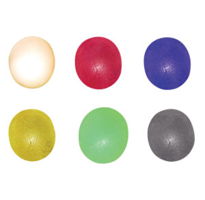 Six colorful stress balls arranged in two rows on a white background.