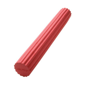 Red foam roller for muscle relief and stretching.