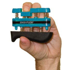 Hand exercising with a Digi-Flex grip strengthener.