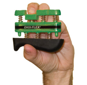Hand gripping a green finger exerciser with springs for strength training.