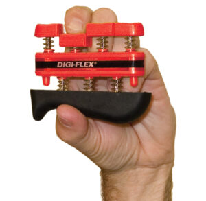 Hand gripping a red Digi-Flex finger exerciser with four springs.
