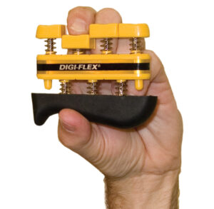 Hand holding a yellow Digi-Flex hand exerciser with fingers inserted.