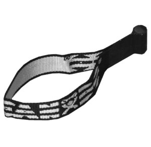 Black and white image of a climbing sling with a loop and safety markings.